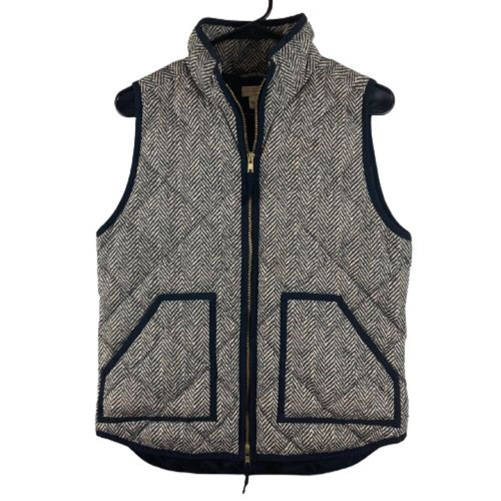 J CREW Down Quilted Puffy Vest Women's Small Black Tan Herringbone Print Zipper